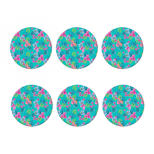 Teal Aloha Tropical Pattern Print Coaster Set