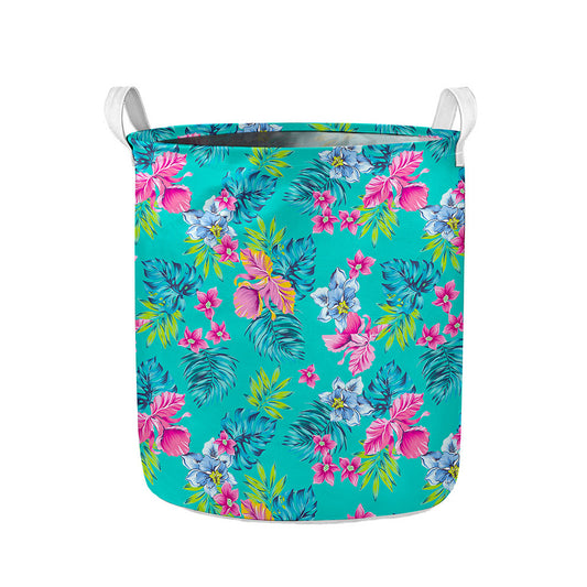 Teal Aloha Tropical Pattern Print Collapsible Laundry Basket
