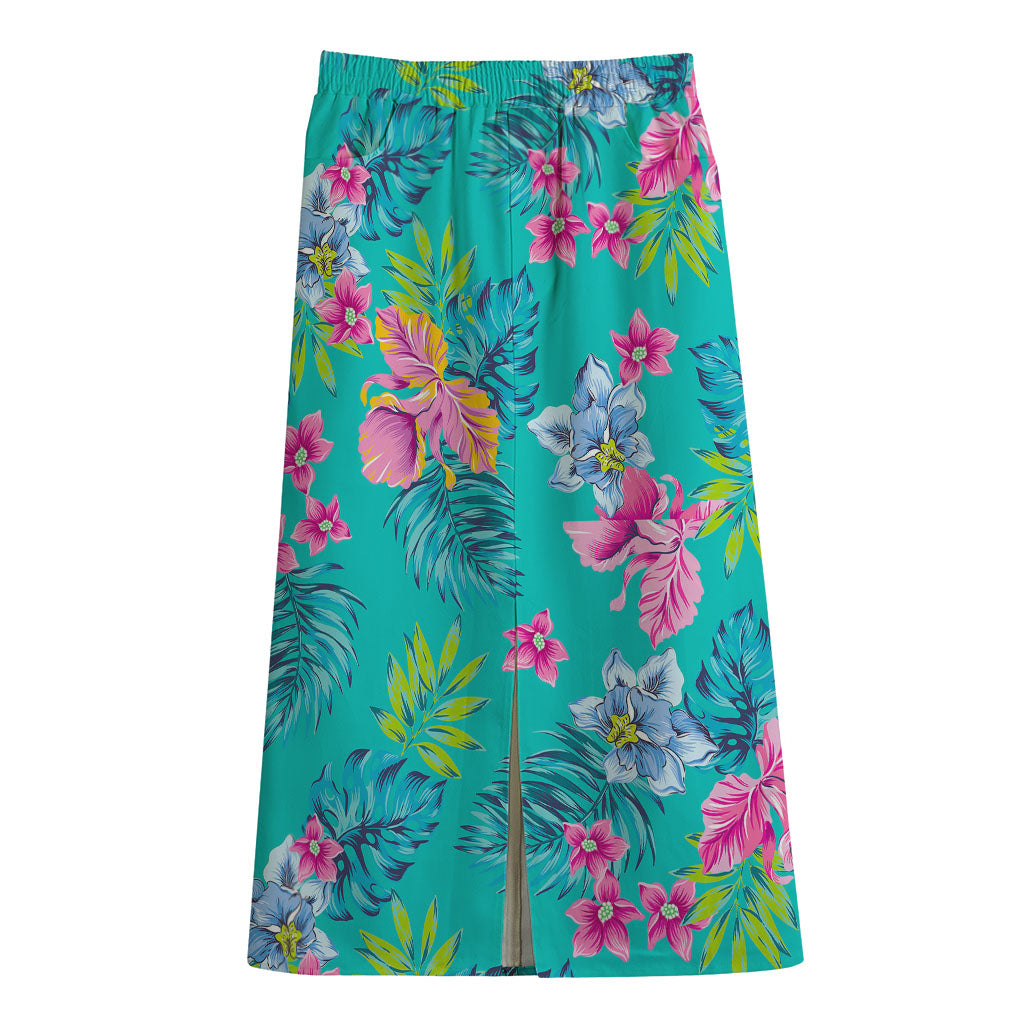 Teal Aloha Tropical Pattern Print Cotton Front Slit Maxi Skirt