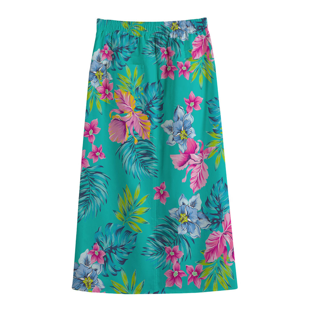 Teal Aloha Tropical Pattern Print Cotton Front Slit Maxi Skirt