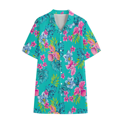 Teal Aloha Tropical Pattern Print Cotton Hawaiian Shirt