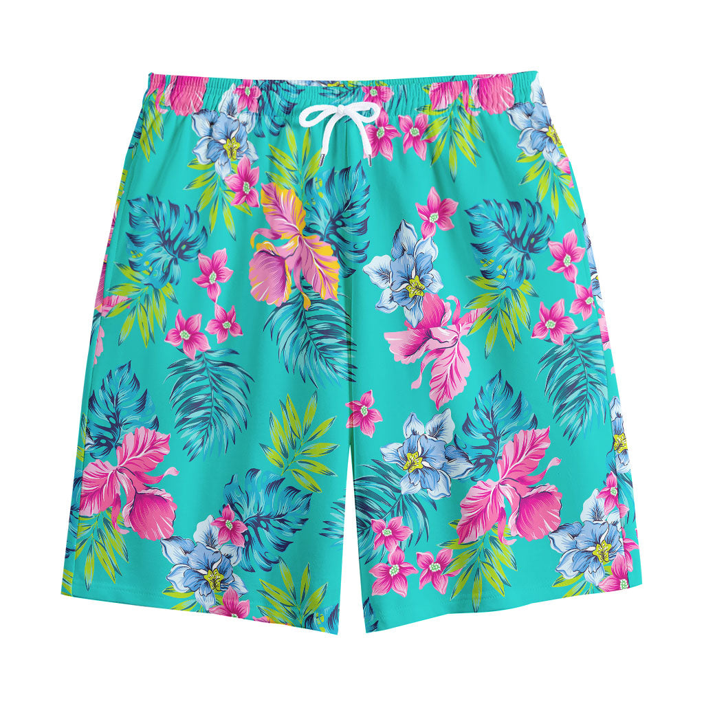 Teal Aloha Tropical Pattern Print Cotton Shorts