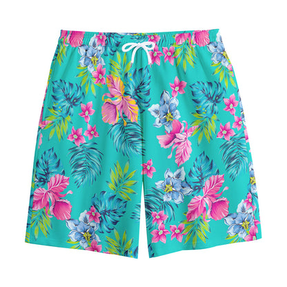 Teal Aloha Tropical Pattern Print Cotton Shorts