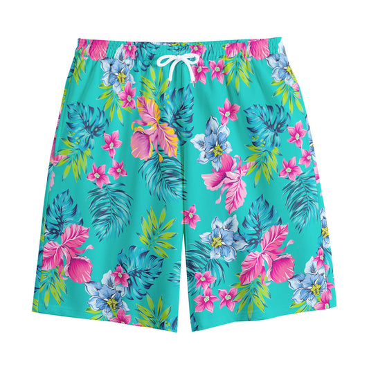 Teal Aloha Tropical Pattern Print Cotton Shorts