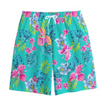 Teal Aloha Tropical Pattern Print Cotton Shorts
