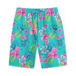Teal Aloha Tropical Pattern Print Cotton Shorts