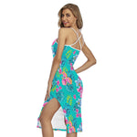 Teal Aloha Tropical Pattern Print Cross Back Cami Dress