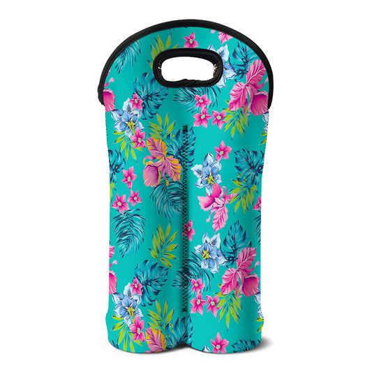 Teal Aloha Tropical Pattern Print Double Neoprene Wine Tote