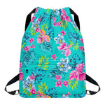Teal Aloha Tropical Pattern Print Drawstring Backpack