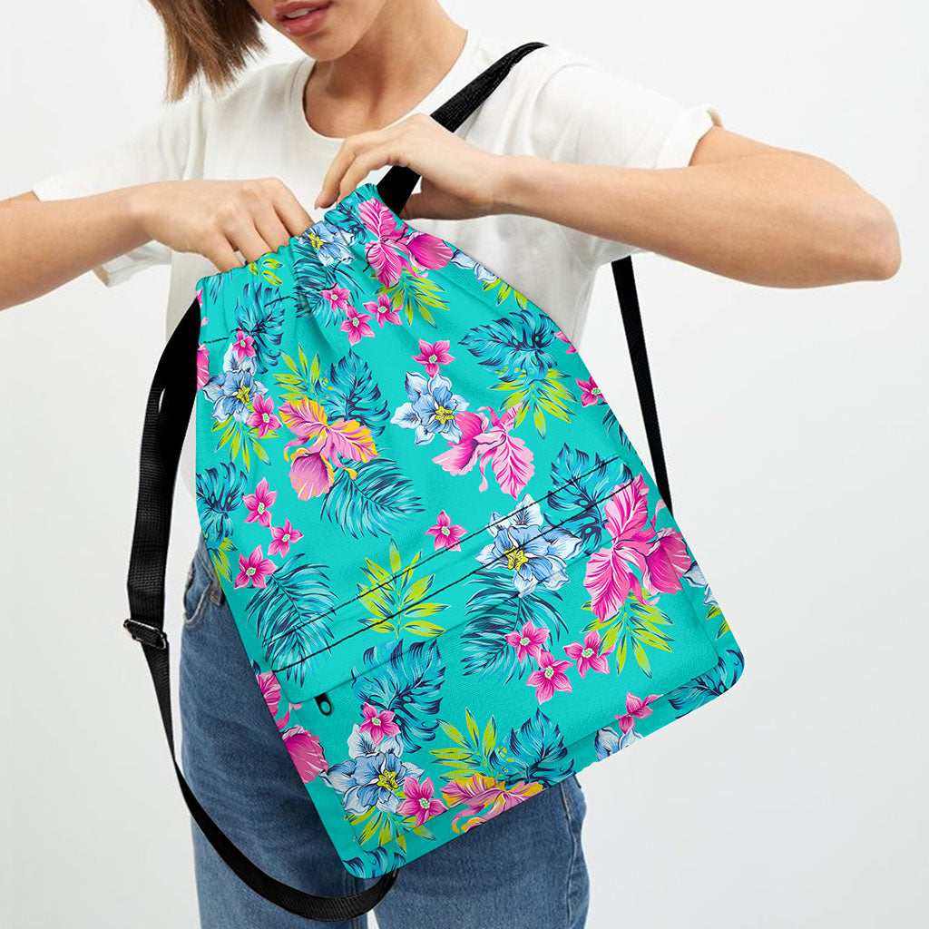 Teal Aloha Tropical Pattern Print Drawstring Backpack