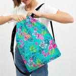 Teal Aloha Tropical Pattern Print Drawstring Backpack