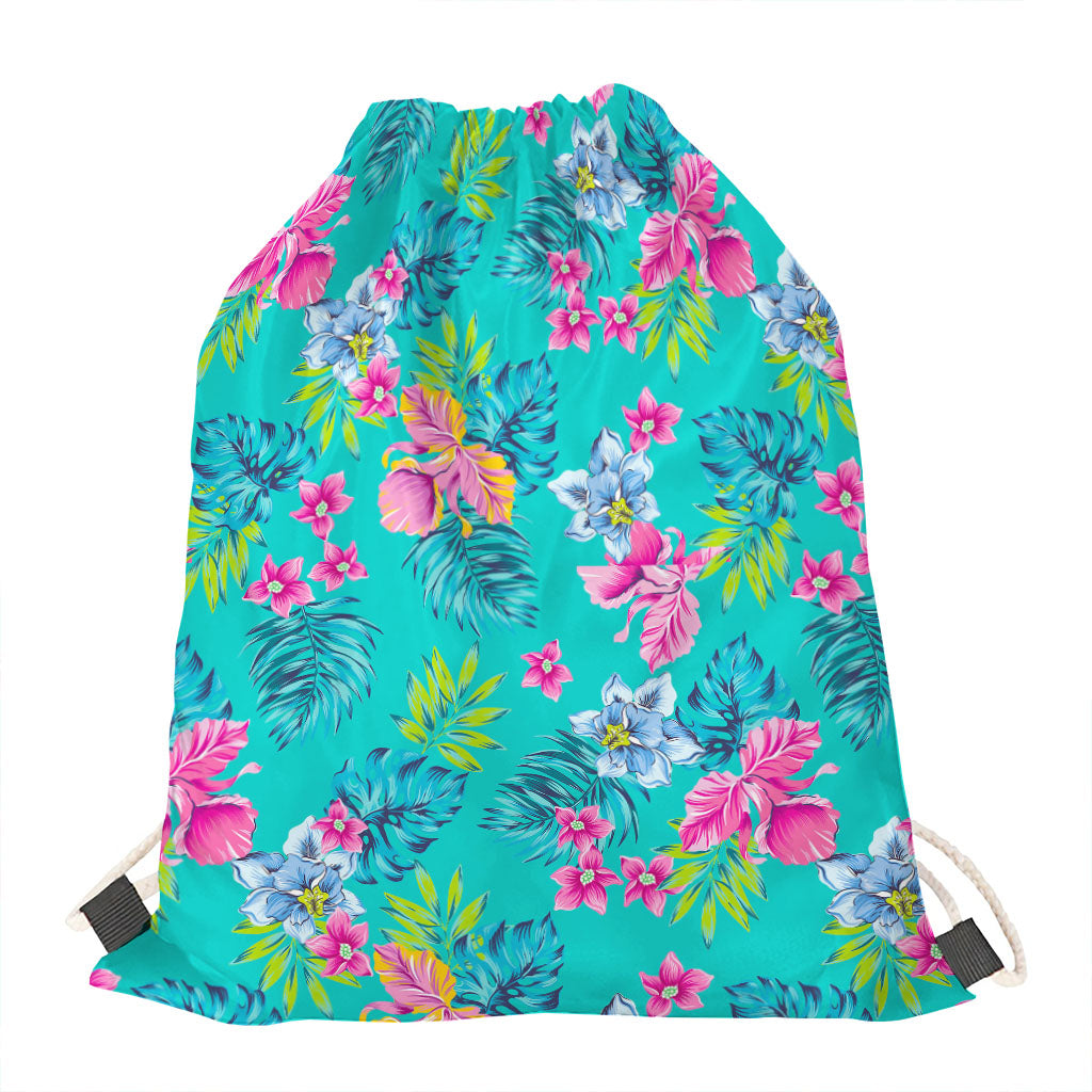 Teal Aloha Tropical Pattern Print Drawstring Bag