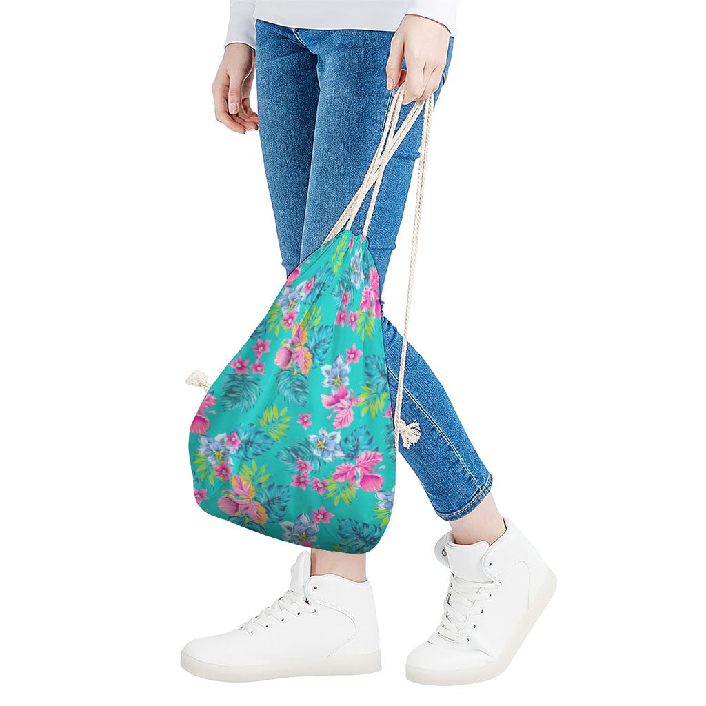 Teal Aloha Tropical Pattern Print Drawstring Bag