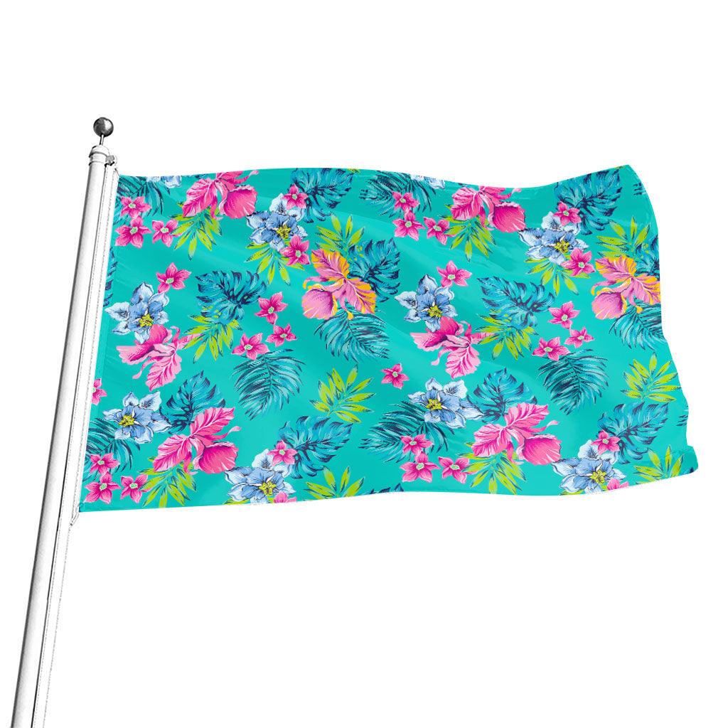 Teal Aloha Tropical Pattern Print Flag