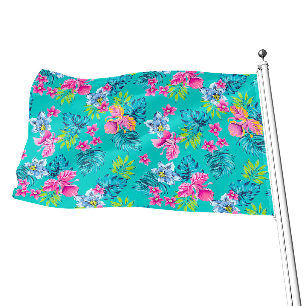 Teal Aloha Tropical Pattern Print Flag