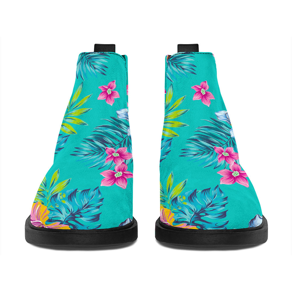 Teal Aloha Tropical Pattern Print Flat Ankle Boots