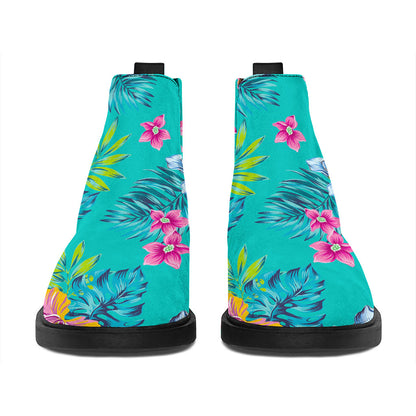 Teal Aloha Tropical Pattern Print Flat Ankle Boots