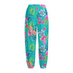 Teal Aloha Tropical Pattern Print Fleece Lined Knit Pants