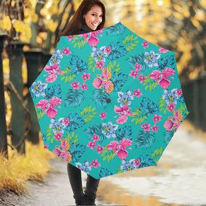 Teal Aloha Tropical Pattern Print Foldable Umbrella