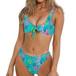 Teal Aloha Tropical Pattern Print Front Bow Tie Bikini