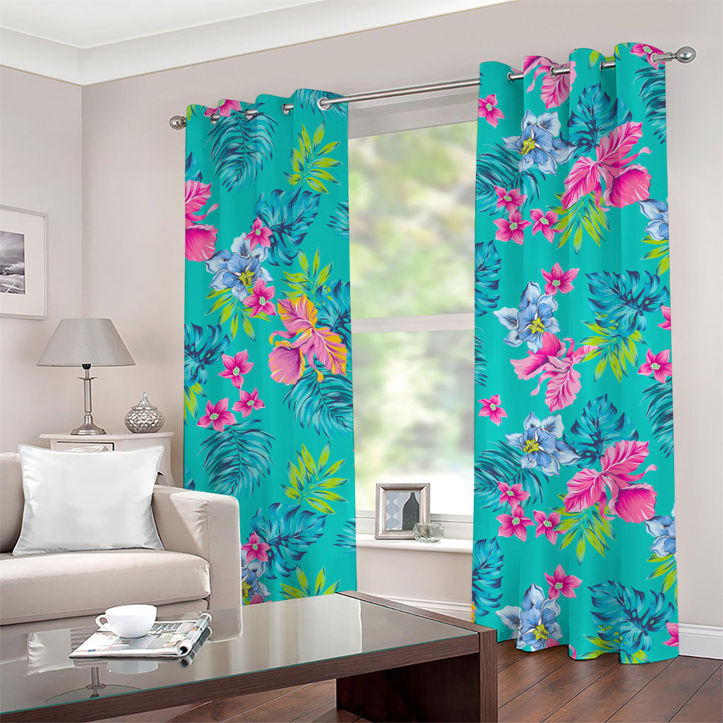 Teal Aloha Tropical Pattern Print Grommet Curtains