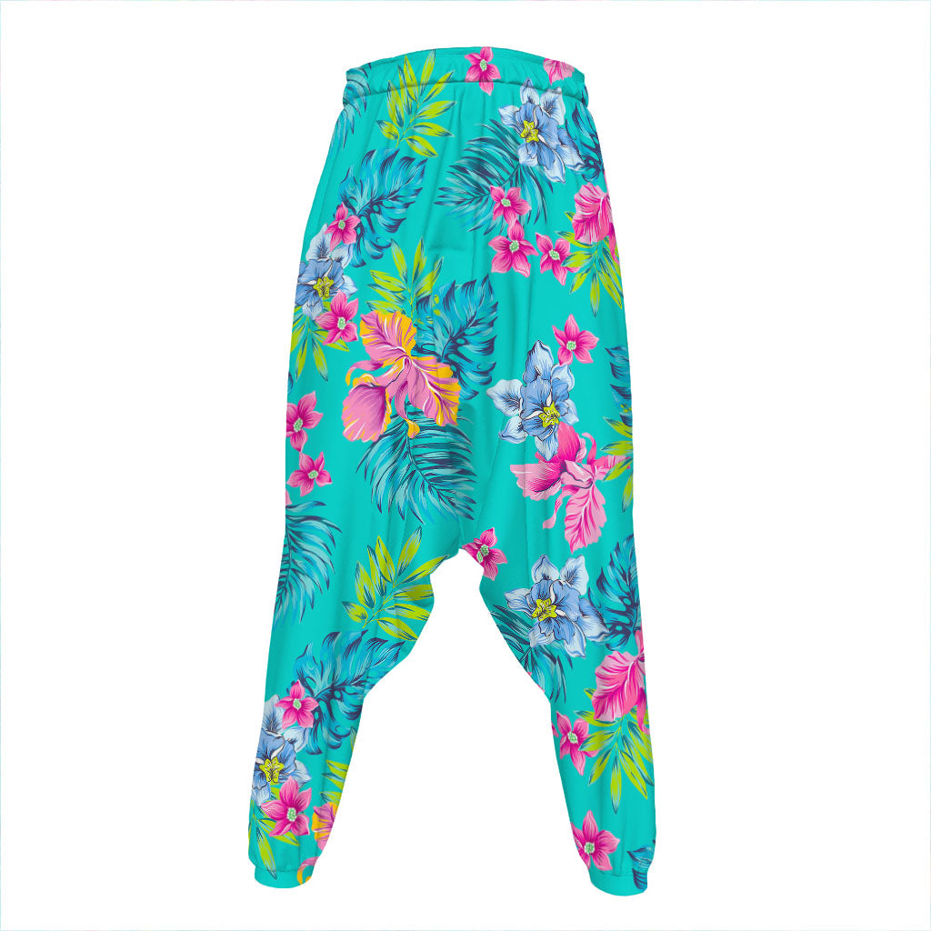 Teal Aloha Tropical Pattern Print Hammer Pants