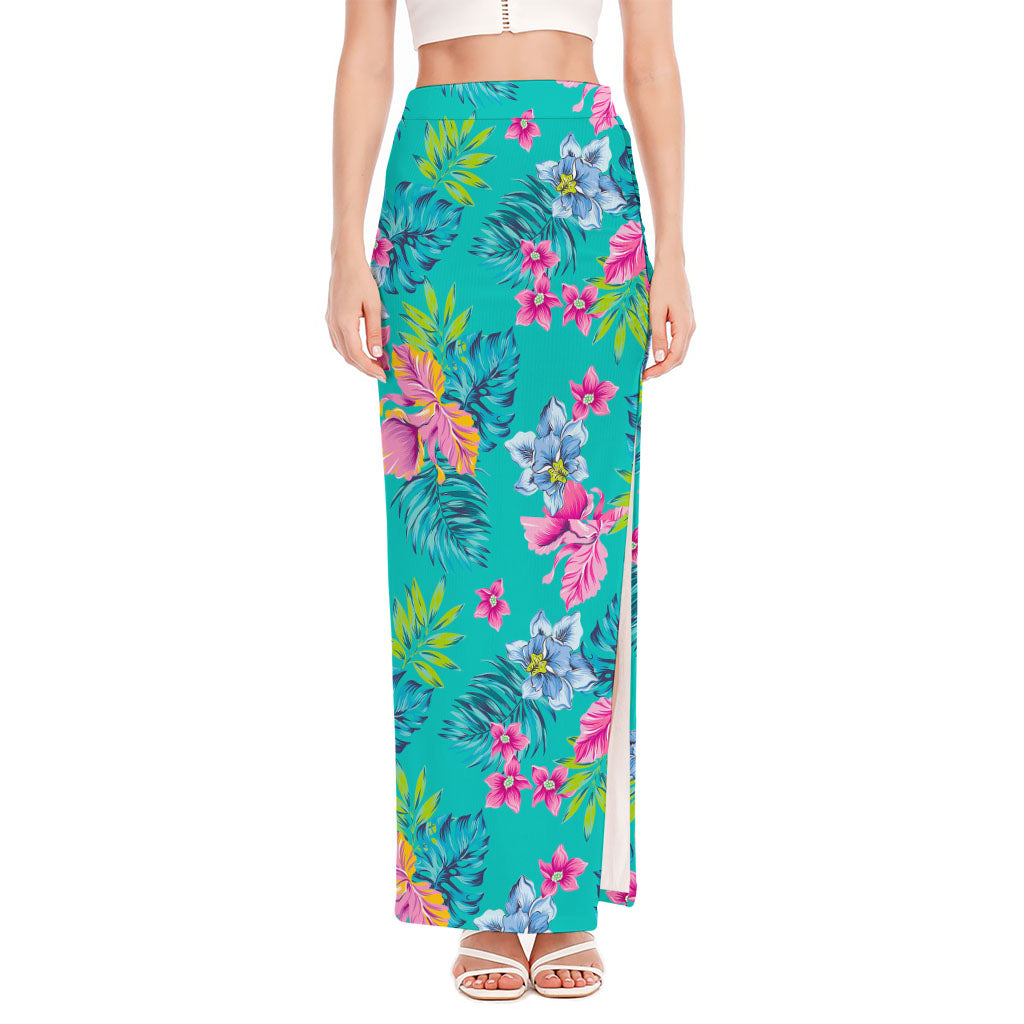 Teal Aloha Tropical Pattern Print High Slit Maxi Skirt