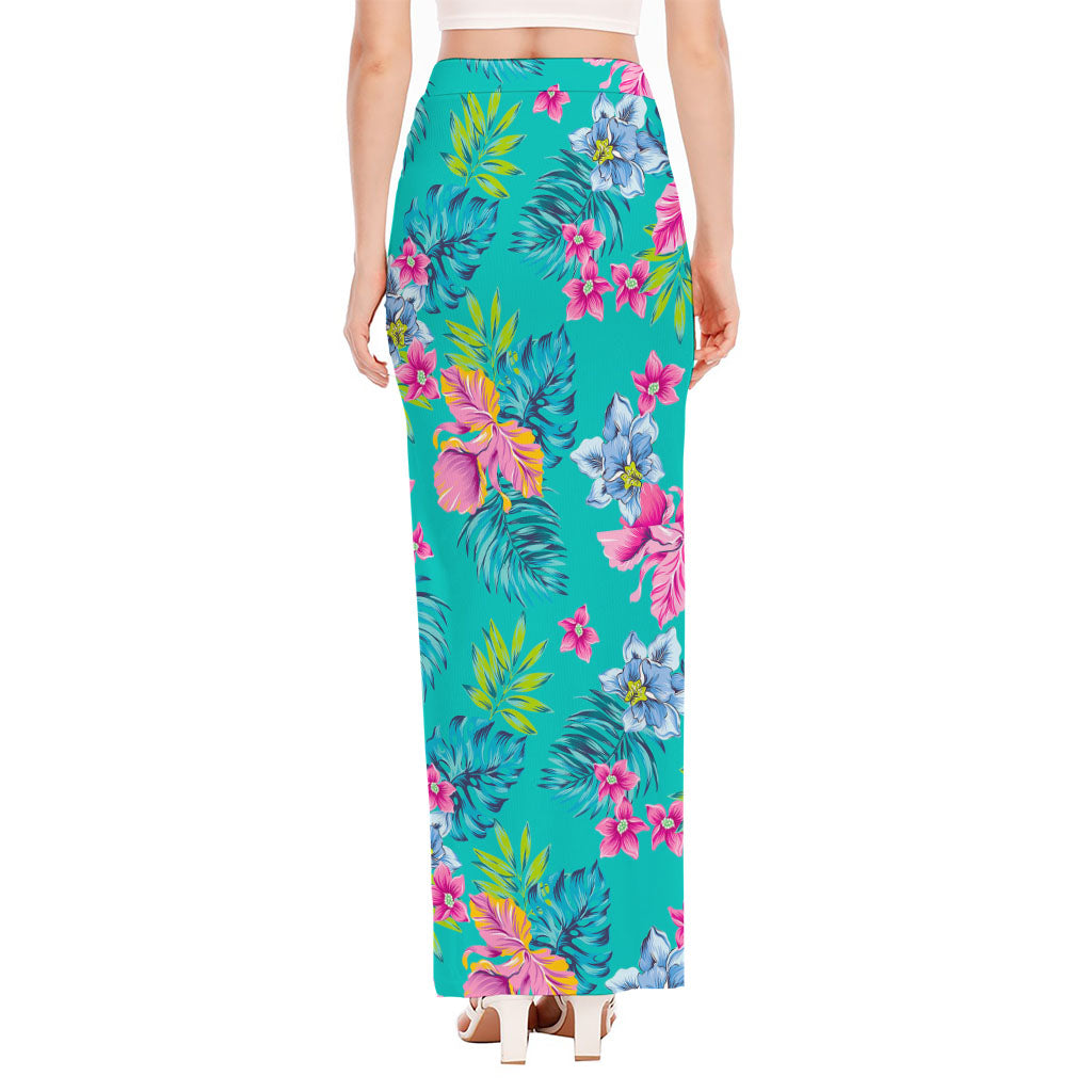 Teal Aloha Tropical Pattern Print High Slit Maxi Skirt