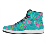 Teal Aloha Tropical Pattern Print High Top Leather Sneakers