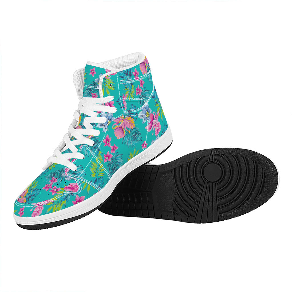Teal Aloha Tropical Pattern Print High Top Leather Sneakers