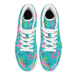 Teal Aloha Tropical Pattern Print High Top Leather Sneakers
