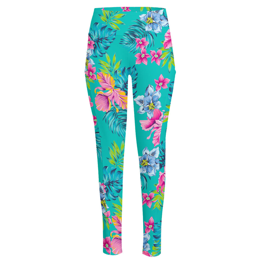 Teal Aloha Tropical Pattern Print High-Waisted Pocket Leggings