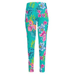 Teal Aloha Tropical Pattern Print High-Waisted Pocket Leggings