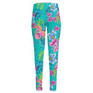 Teal Aloha Tropical Pattern Print High-Waisted Pocket Leggings