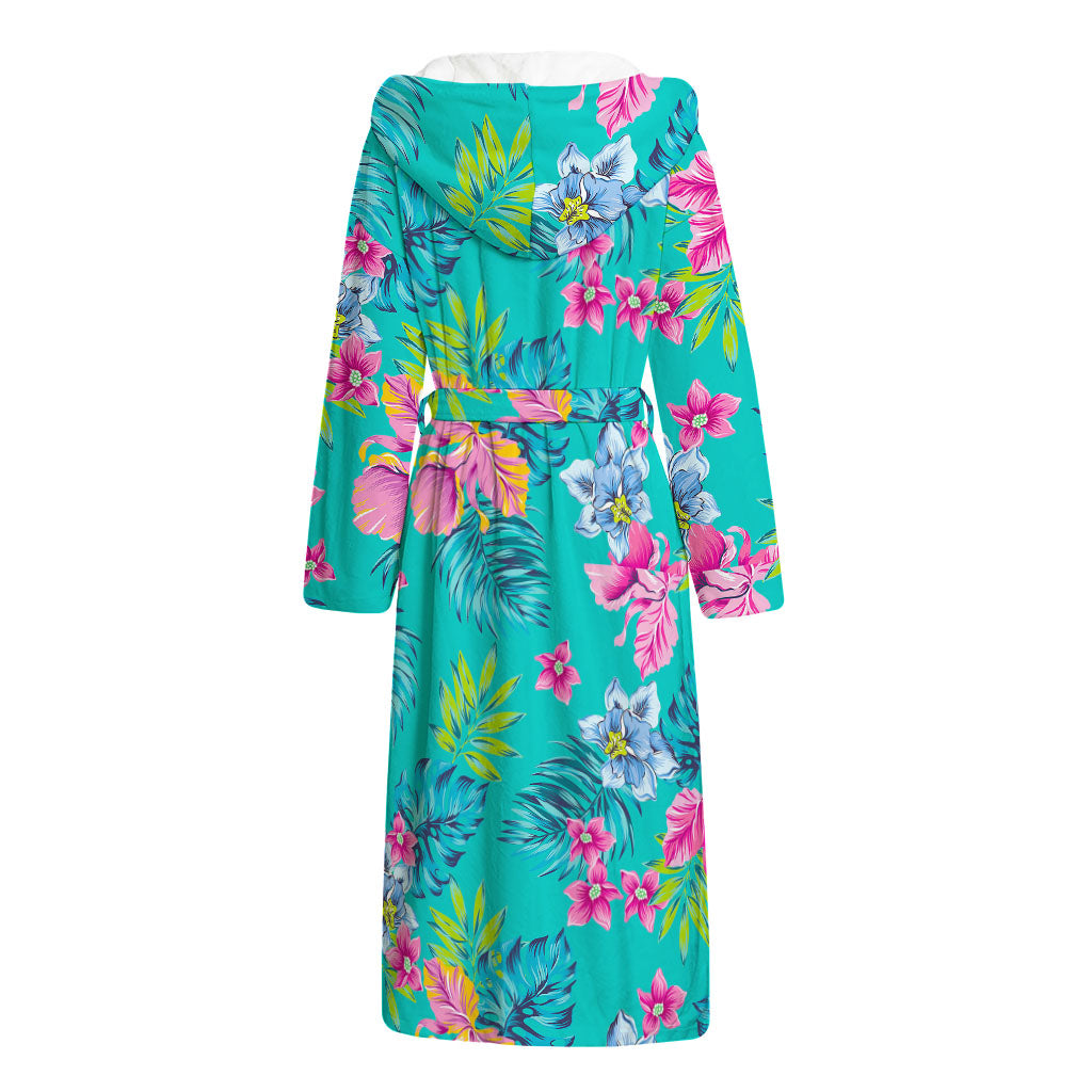 Teal Aloha Tropical Pattern Print Hooded Bathrobe