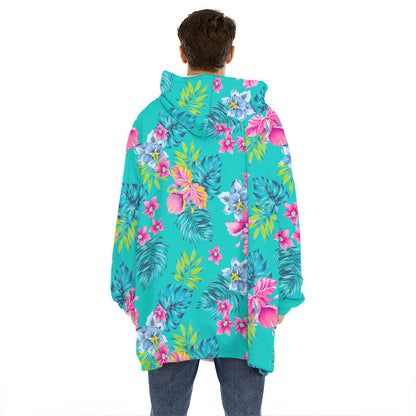 Teal Aloha Tropical Pattern Print Hoodie Blanket