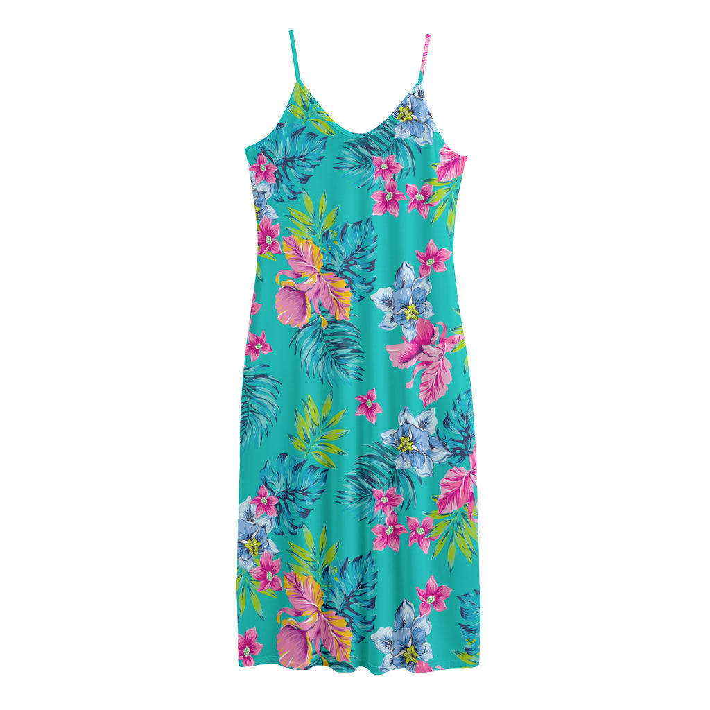 Teal Aloha Tropical Pattern Print Jersey Midi Cami Dress