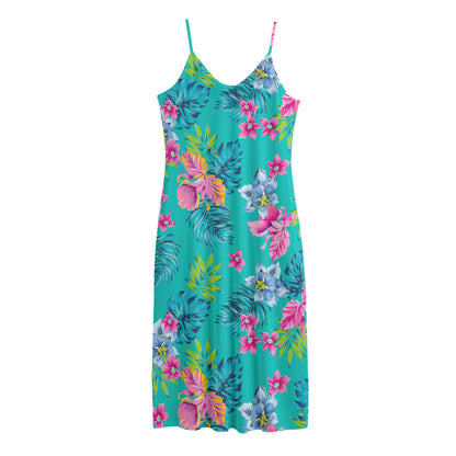 Teal Aloha Tropical Pattern Print Jersey Midi Cami Dress