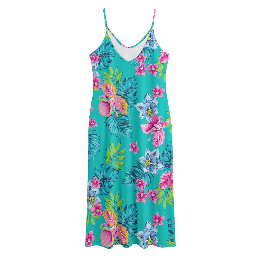 Teal Aloha Tropical Pattern Print Jersey Midi Cami Dress