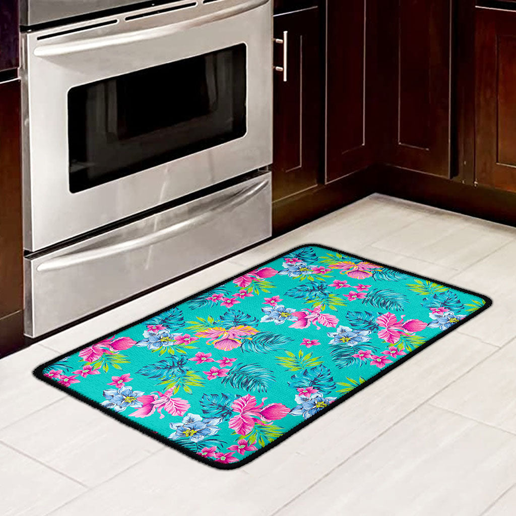 Teal Aloha Tropical Pattern Print Kitchen Mat