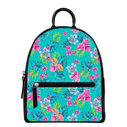 Teal Aloha Tropical Pattern Print Leather Backpack