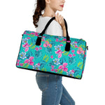 Teal Aloha Tropical Pattern Print Leather Duffle Bag