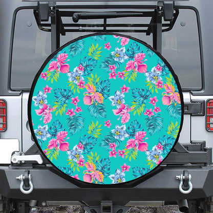 Teal Aloha Tropical Pattern Print Leather Spare Tire Cover