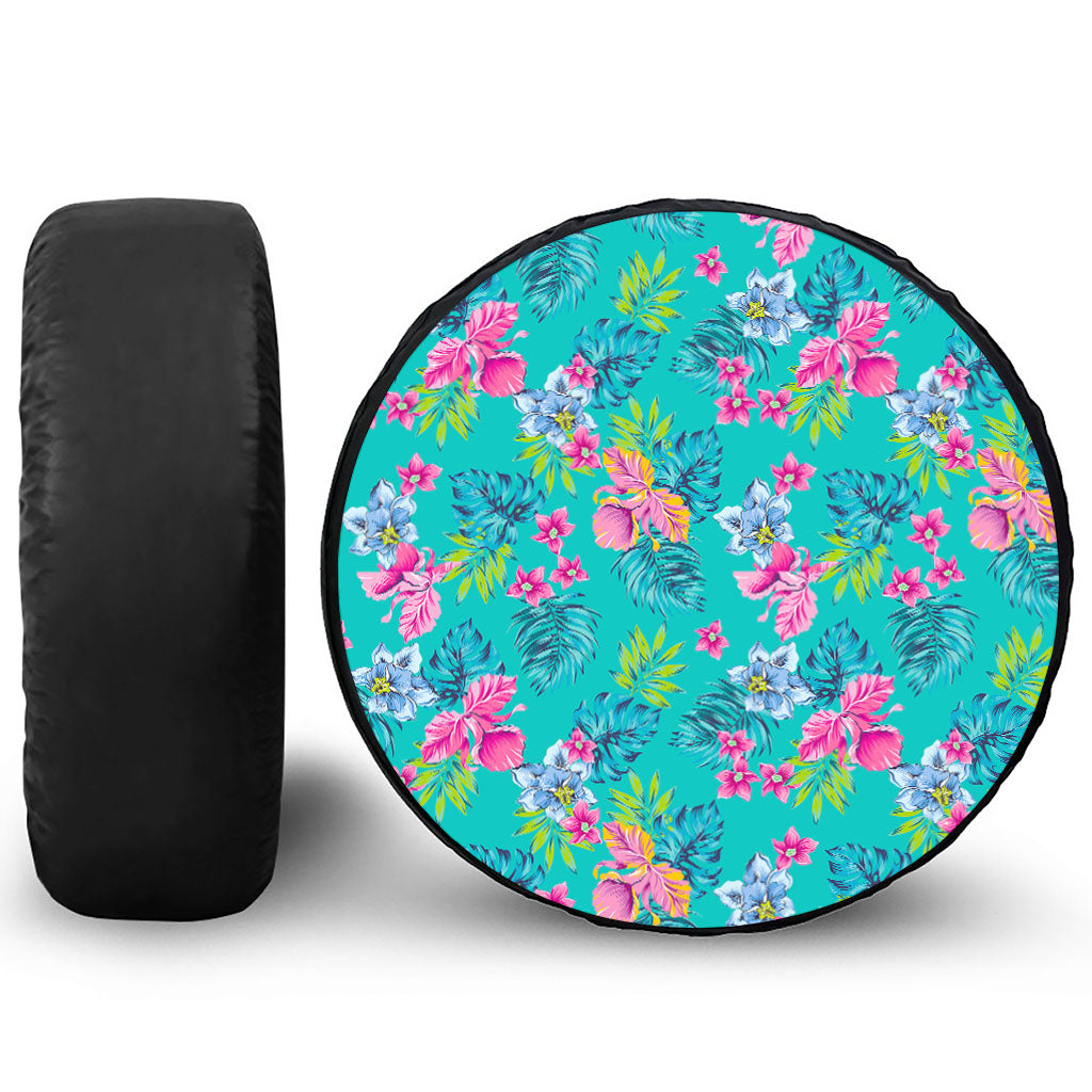 Teal Aloha Tropical Pattern Print Leather Spare Tire Cover
