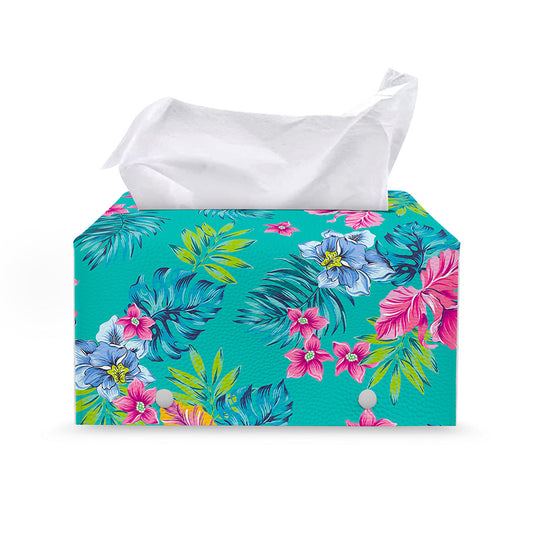 Teal Aloha Tropical Pattern Print Leather Tissue Box Cover