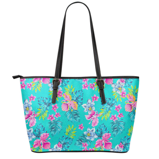 Teal Aloha Tropical Pattern Print Leather Tote Bag