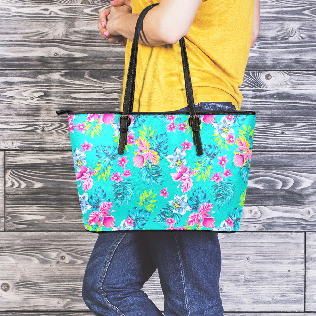 Teal Aloha Tropical Pattern Print Leather Tote Bag