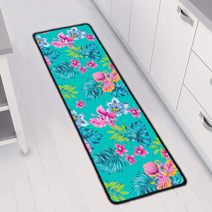 Teal Aloha Tropical Pattern Print Long Kitchen Mat