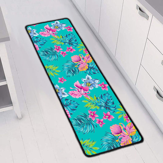 Teal Aloha Tropical Pattern Print Long Kitchen Mat