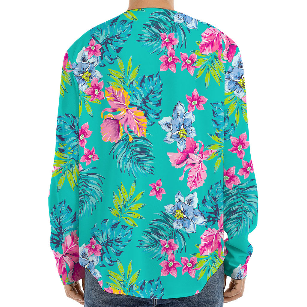 Teal Aloha Tropical Pattern Print Long Sleeve Baseball Jersey